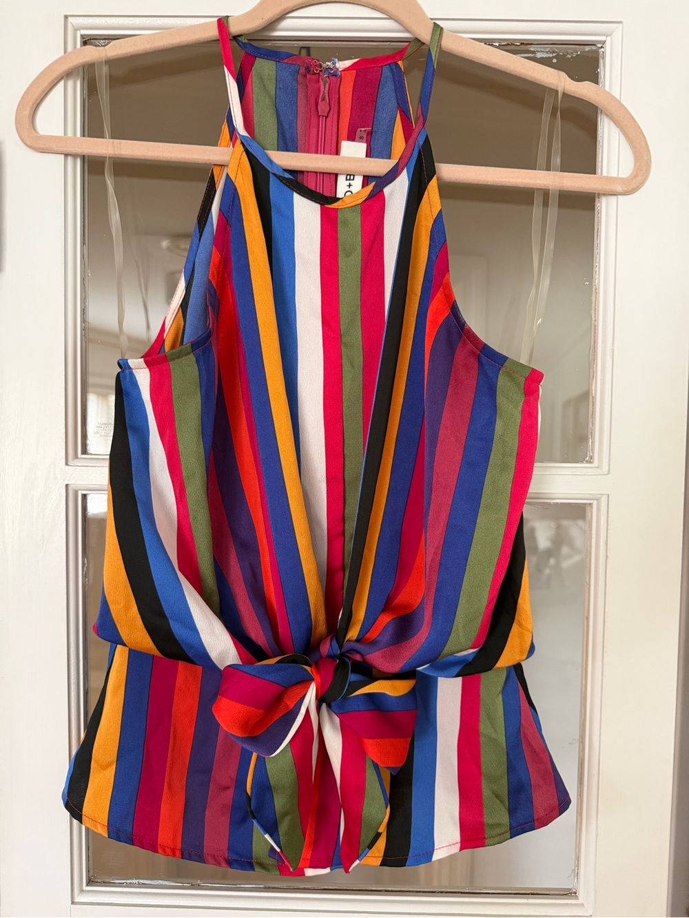 DO+BE Multicolor Vertical Stripe Tie-Front Tank — Red, Blue, Orange, Pink